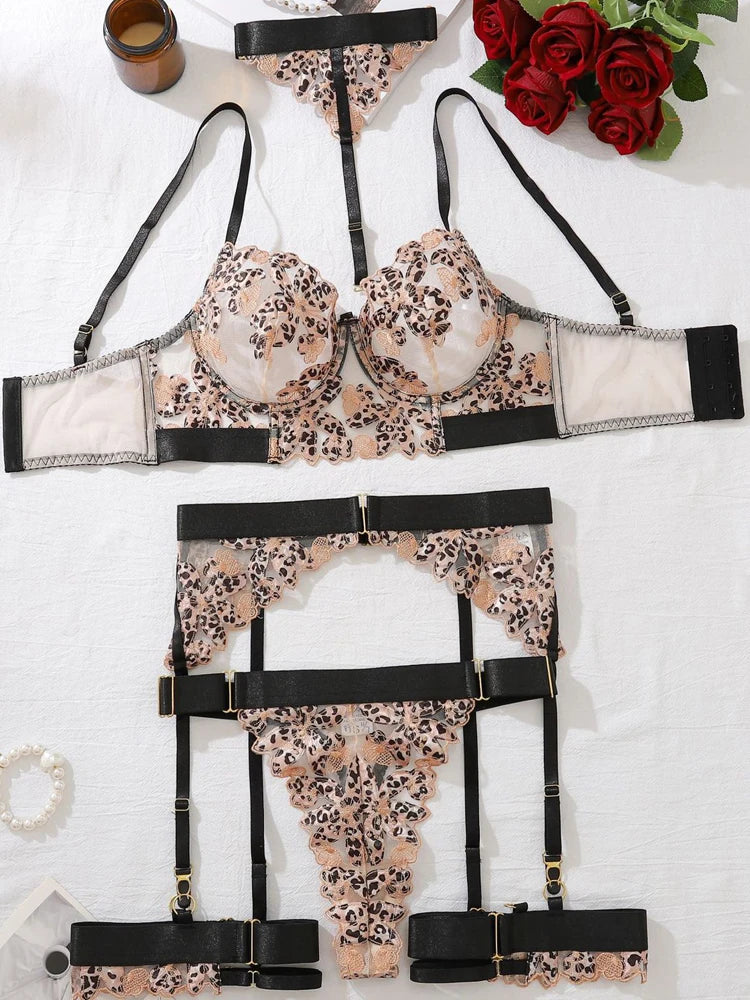 Fierce Leopard Embroidery Lingerie Set - Pik A Pleasure