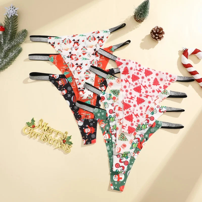 Festive Christmas Thong Set – 4 Pcs, Breathable & Shiny