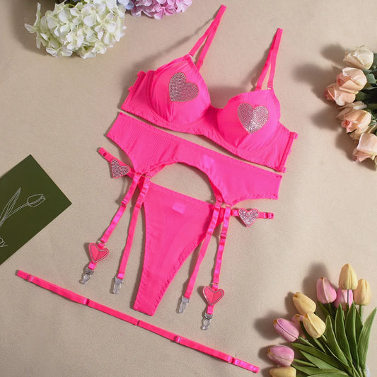 neon bra and panty set with garter - Pik A Pleasure