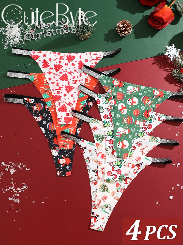 Festive Christmas Thong Set – 4 Pcs, Breathable & Shiny