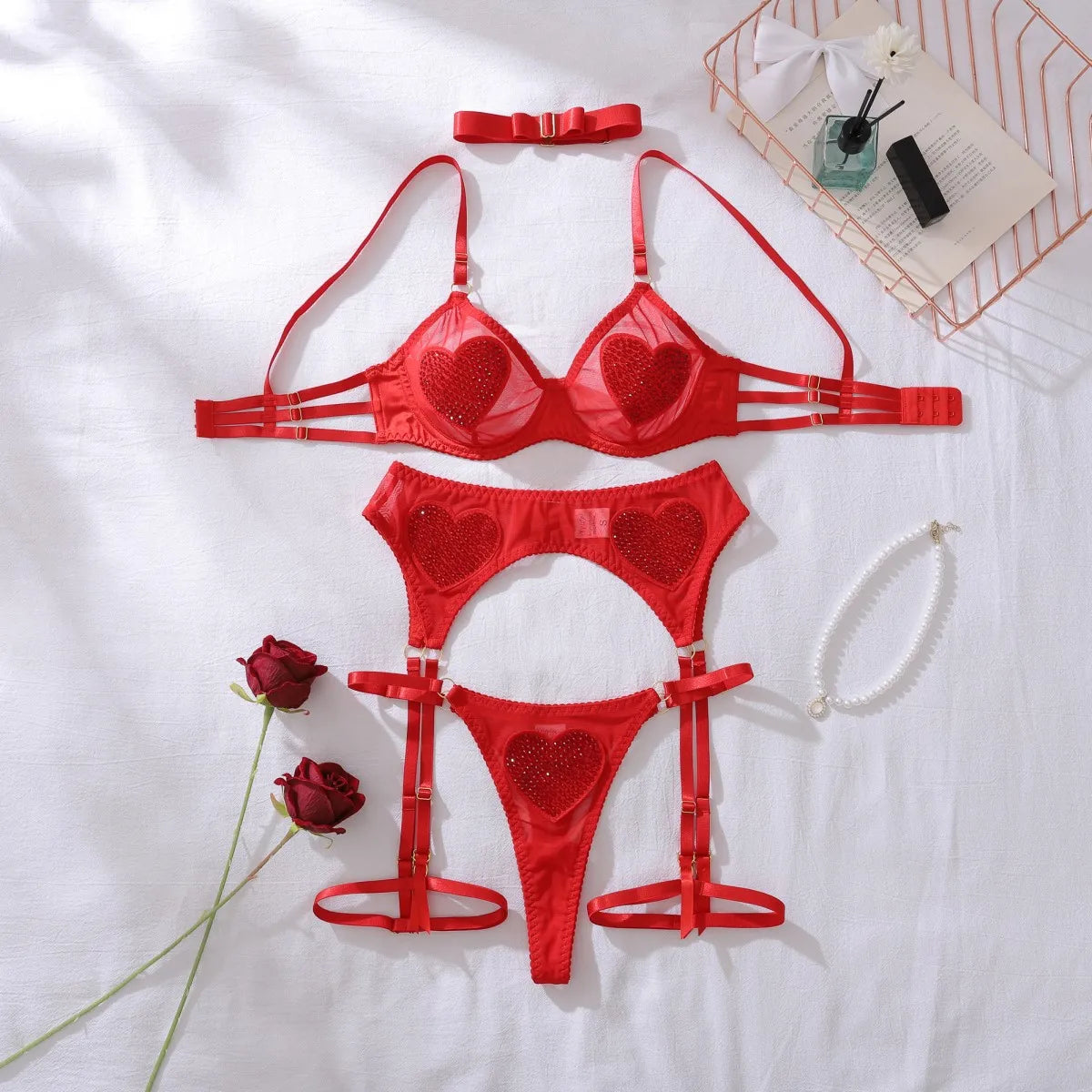 Heart Rhinestone Lingerie Set – Daring Bra, Belt & Thong Set - Pik A Pleasure